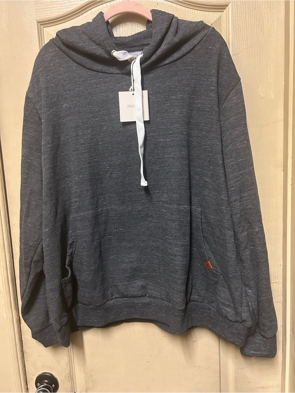 Doublju Men's Crewneck Sweater Hoodie in Heather Charcoal with White Drawstring
